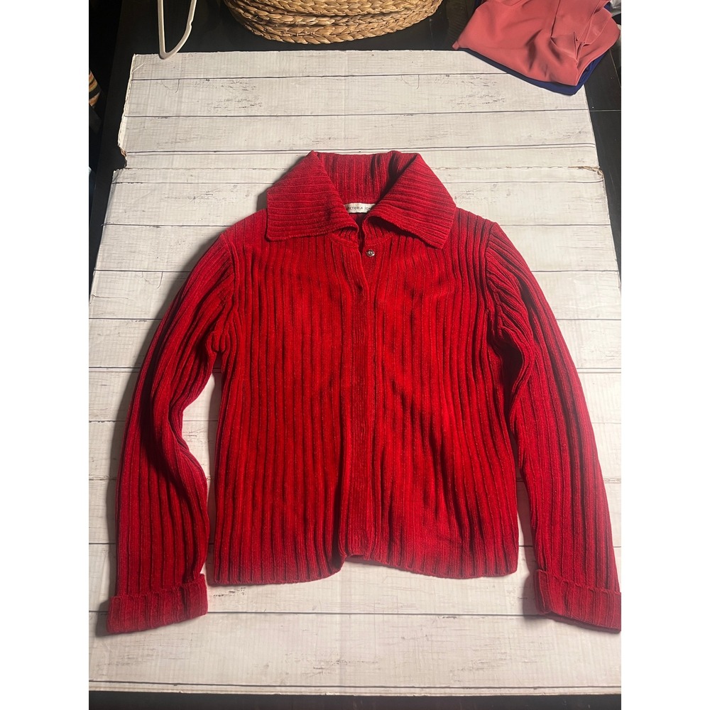 Victoria Jones Chenille Cardigan Sweater Womens Large Red Ribbed Button Front